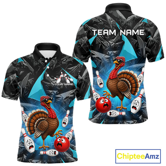 Turquoise Funny Turkey Bowling Team Shirts for Men Custom Chicken Thanksgiving Bowling HNT535