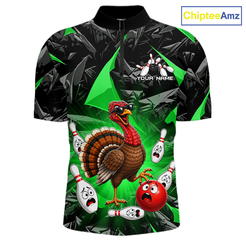 Green Funny Turkey Bowling Team Shirts for Men Custom Chicken Thanksgiving Bowling HNT535