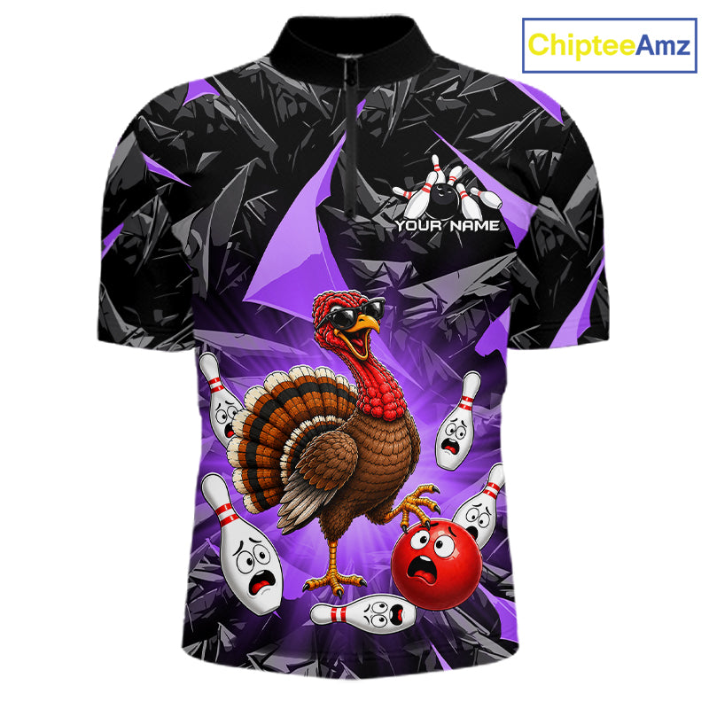 Purple Funny Turkey Bowling Team Shirts for Men Custom Chicken Thanksgiving Bowling HNT535