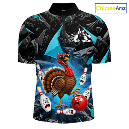 Turquoise Funny Turkey Bowling Team Shirts for Men Custom Chicken Thanksgiving Bowling HNT535