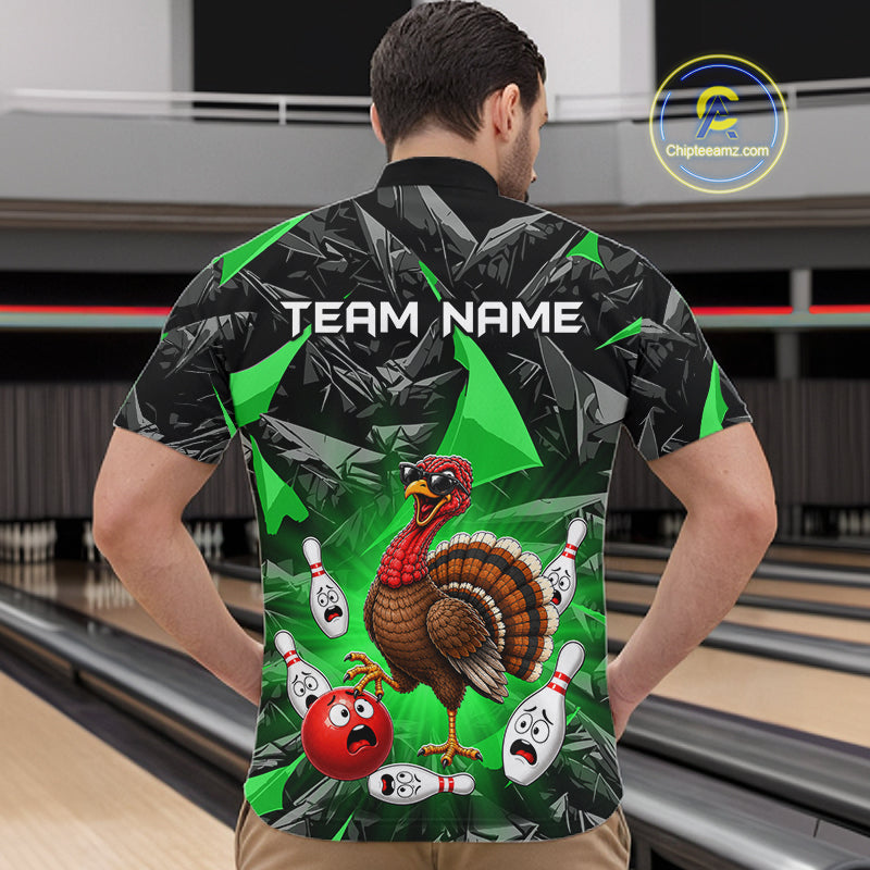 Green Funny Turkey Bowling Team Shirts for Men Custom Chicken Thanksgiving Bowling HNT535