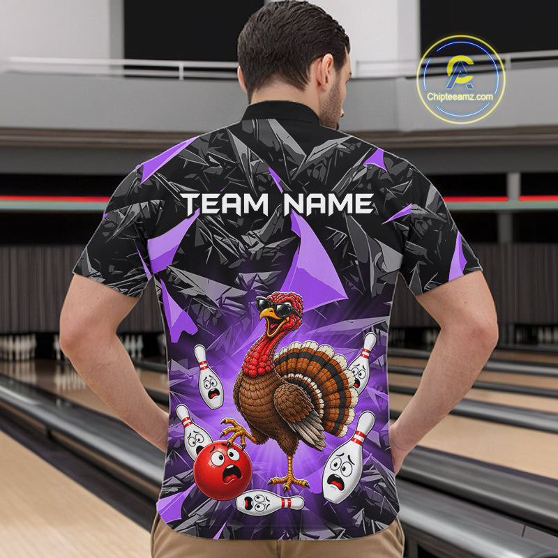 Purple Funny Turkey Bowling Team Shirts for Men Custom Chicken Thanksgiving Bowling HNT535