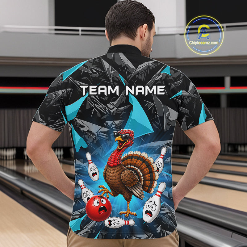 Turquoise Funny Turkey Bowling Team Shirts for Men Custom Chicken Thanksgiving Bowling HNT535