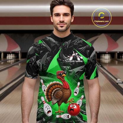 Green Funny Turkey Bowling Team Shirts for Men Custom Chicken Thanksgiving Bowling HNT535