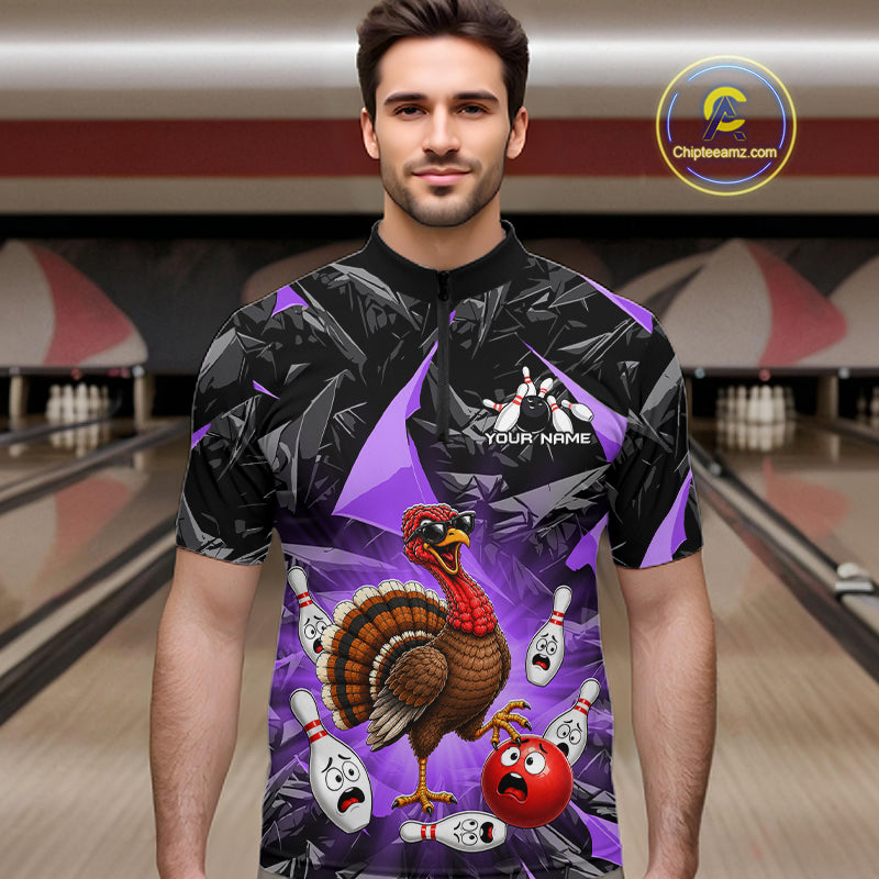 Purple Funny Turkey Bowling Team Shirts for Men Custom Chicken Thanksgiving Bowling HNT535