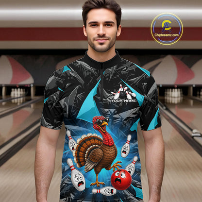 Turquoise Funny Turkey Bowling Team Shirts for Men Custom Chicken Thanksgiving Bowling HNT535
