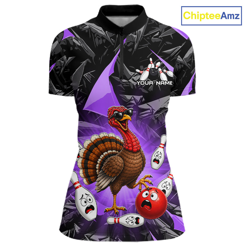 Purple Funny Turkey Bowling Team Shirts for Women Custom Chicken Thanksgiving Bowling HNT535