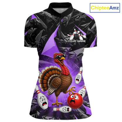 Purple Funny Turkey Bowling Team Shirts for Women Custom Chicken Thanksgiving Bowling HNT535