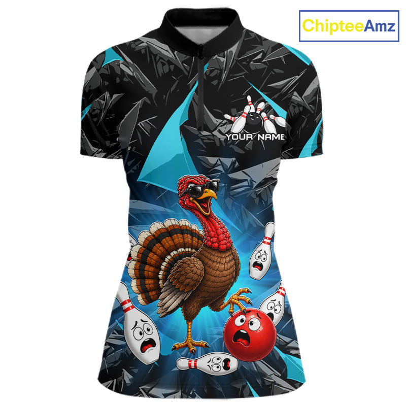 Turquoise Funny Turkey Bowling Team Shirts for Women Custom Chicken Thanksgiving Bowling HNT535