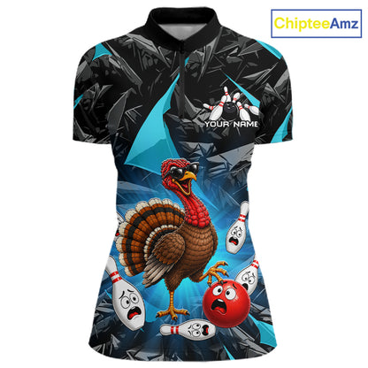 Turquoise Funny Turkey Bowling Team Shirts for Women Custom Chicken Thanksgiving Bowling HNT535