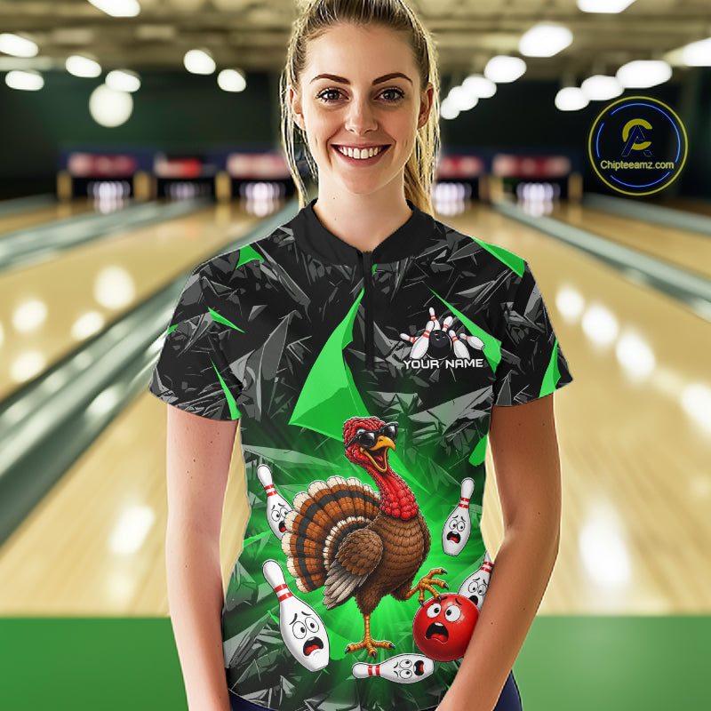 Green Funny Turkey Bowling Team Shirts for Women Custom Chicken Thanksgiving Bowling HNT535
