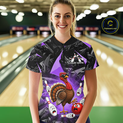 Purple Funny Turkey Bowling Team Shirts for Women Custom Chicken Thanksgiving Bowling HNT535