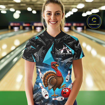 Turquoise Funny Turkey Bowling Team Shirts for Women Custom Chicken Thanksgiving Bowling HNT535