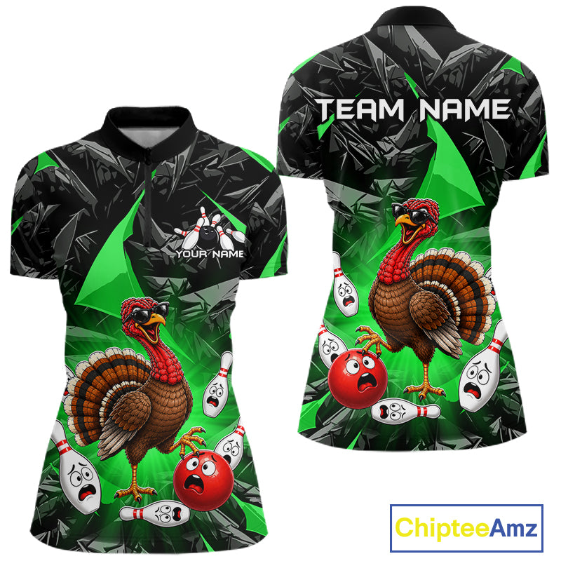 Green Funny Turkey Bowling Team Shirts for Women Custom Chicken Thanksgiving Bowling HNT535