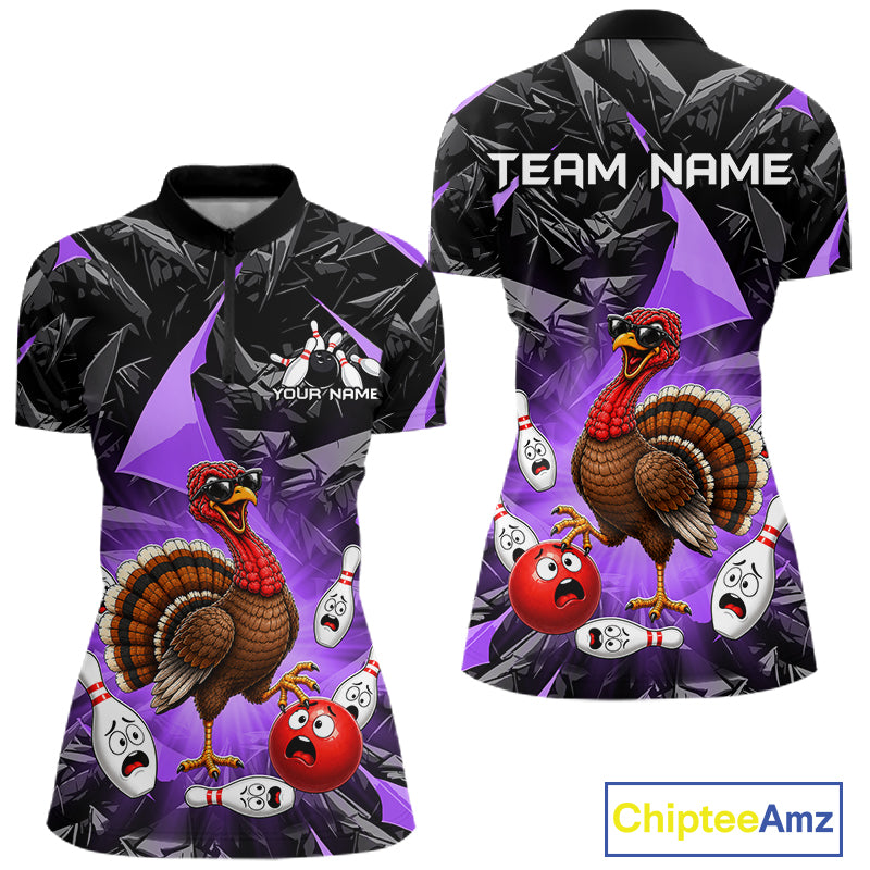 Purple Funny Turkey Bowling Team Shirts for Women Custom Chicken Thanksgiving Bowling HNT535