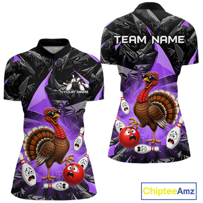 Purple Funny Turkey Bowling Team Shirts for Women Custom Chicken Thanksgiving Bowling HNT535