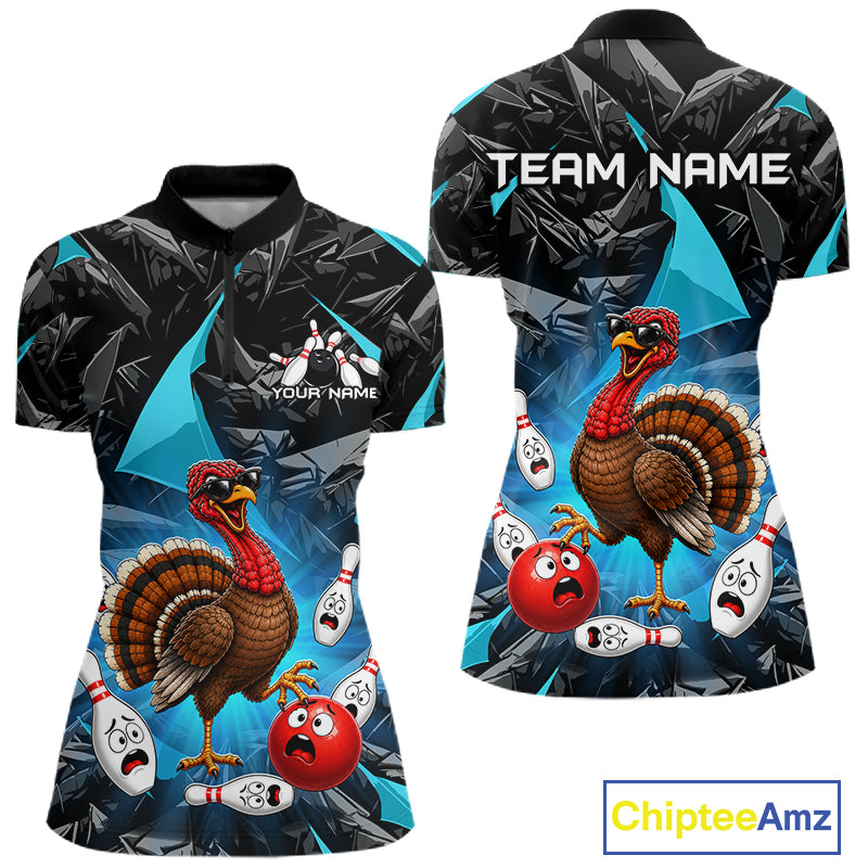 Turquoise Funny Turkey Bowling Team Shirts for Women Custom Chicken Thanksgiving Bowling HNT535