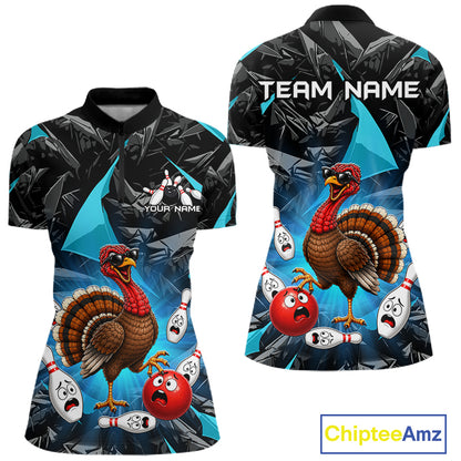 Turquoise Funny Turkey Bowling Team Shirts for Women Custom Chicken Thanksgiving Bowling HNT535