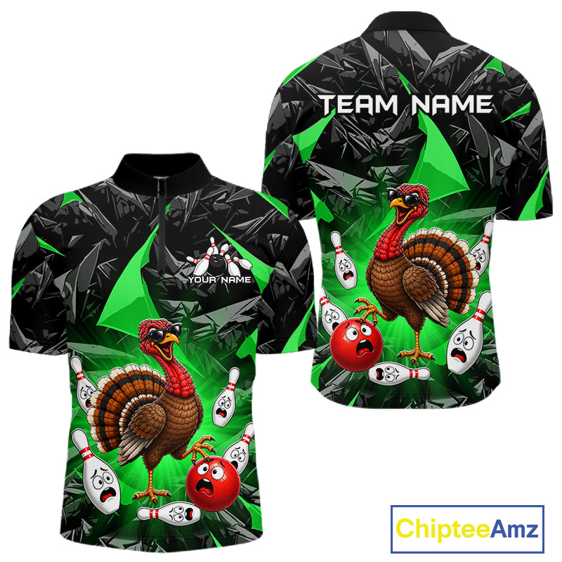 Green Funny Turkey Bowling Team Shirts for Men Custom Chicken Thanksgiving Bowling HNT535