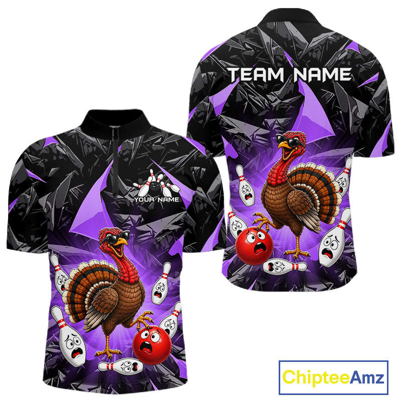 Purple Funny Turkey Bowling Team Shirts for Men Custom Chicken Thanksgiving Bowling HNT535