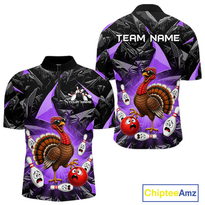 Purple Funny Turkey Bowling Team Shirts for Men Custom Chicken Thanksgiving Bowling HNT535