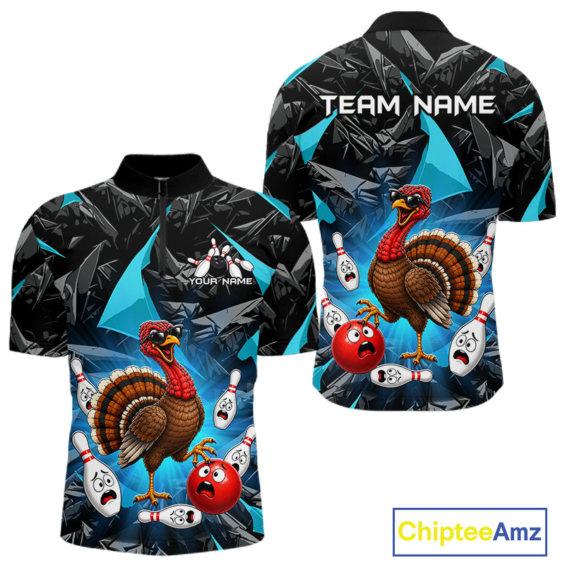 Turquoise Funny Turkey Bowling Team Shirts for Men Custom Chicken Thanksgiving Bowling HNT535