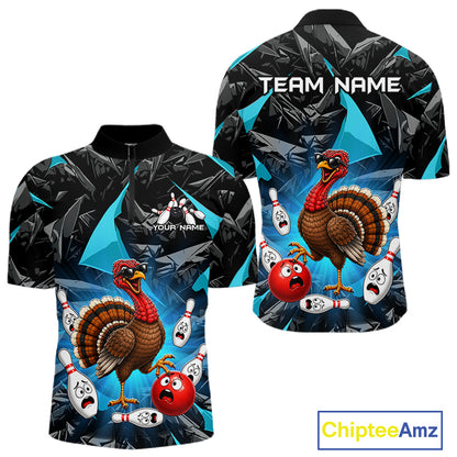 Turquoise Funny Turkey Bowling Team Shirts for Men Custom Chicken Thanksgiving Bowling HNT535