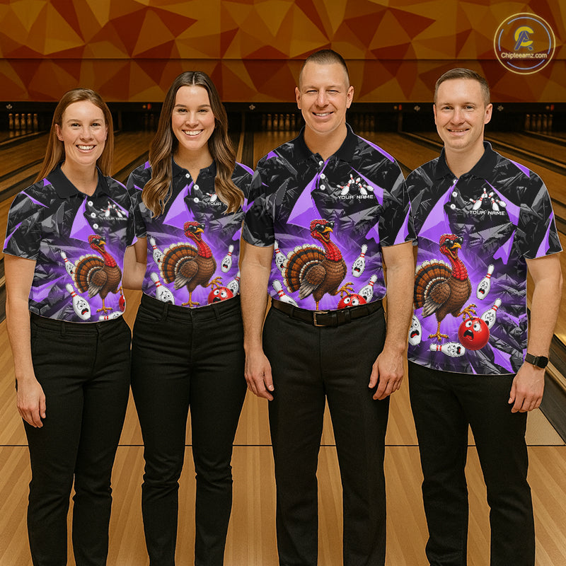 Purple Funny Turkey Bowling Team Shirts for Men Custom Chicken Thanksgiving Bowling HNT535