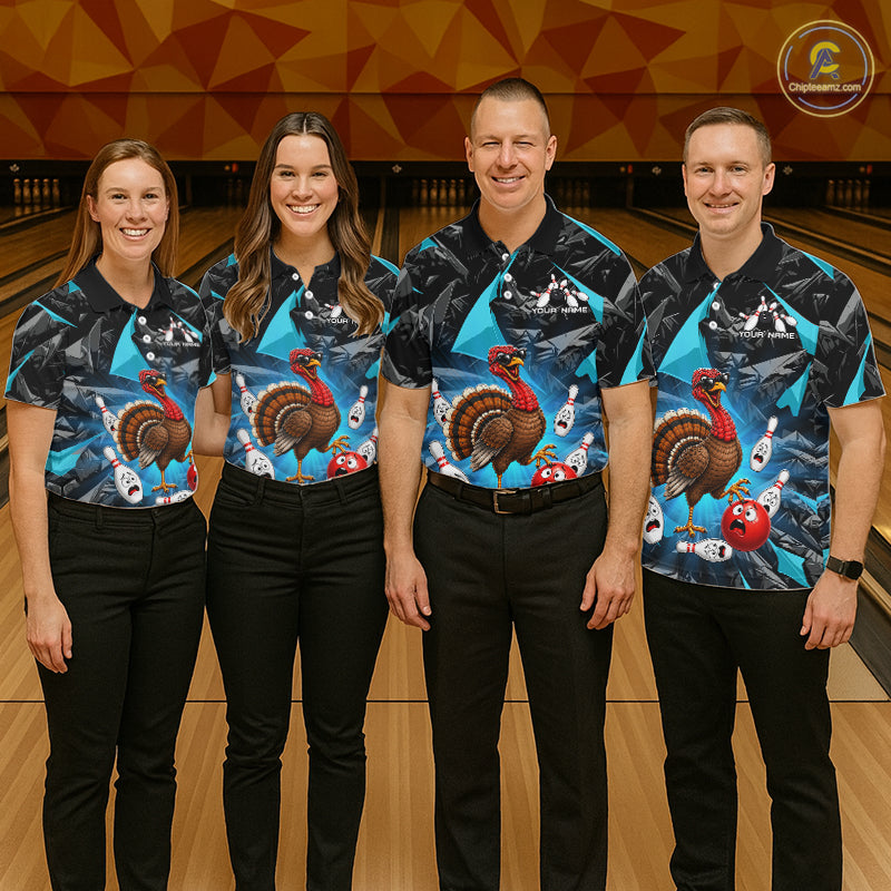 Turquoise Funny Turkey Bowling Team Shirts for Men Custom Chicken Thanksgiving Bowling HNT535