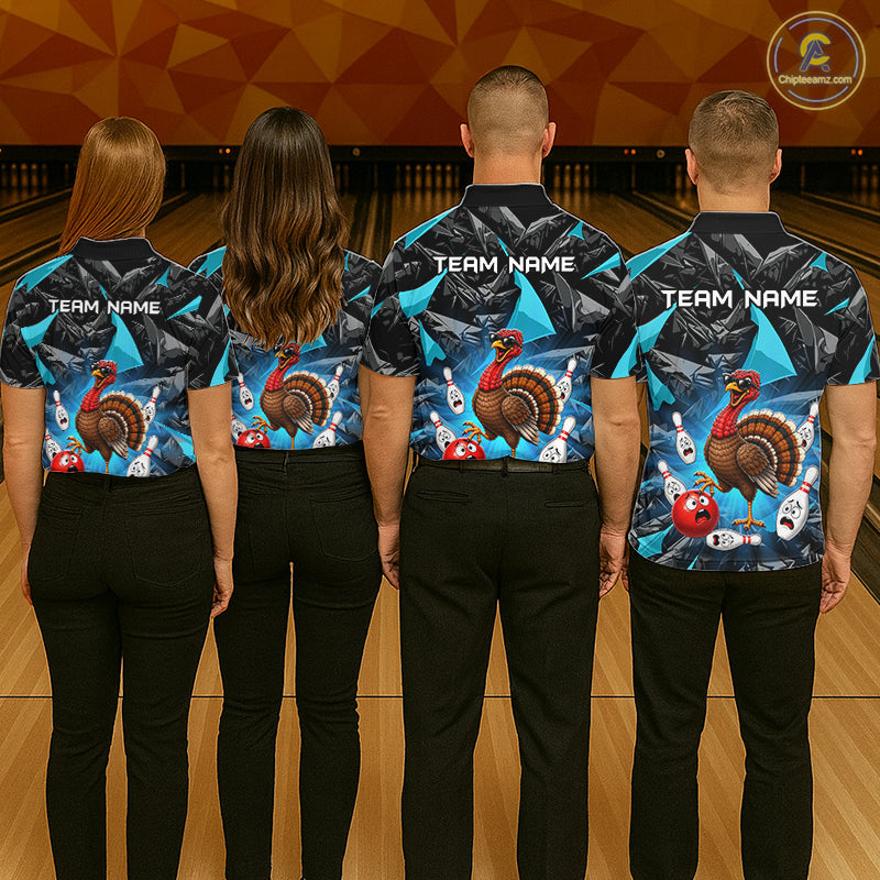 Turquoise Funny Turkey Bowling Team Shirts for Men Custom Chicken Thanksgiving Bowling HNT535