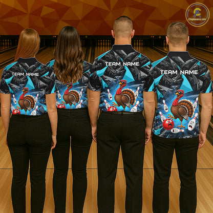 Turquoise Funny Turkey Bowling Team Shirts for Men Custom Chicken Thanksgiving Bowling HNT535