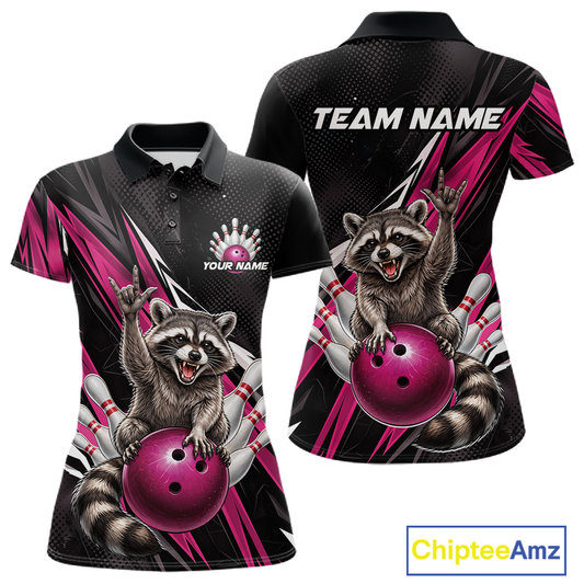 Custom Pink Raccoon Bowling Jersey for Women Bowling Team Shirts Bowling Polo & 1/4 Zip HNT254