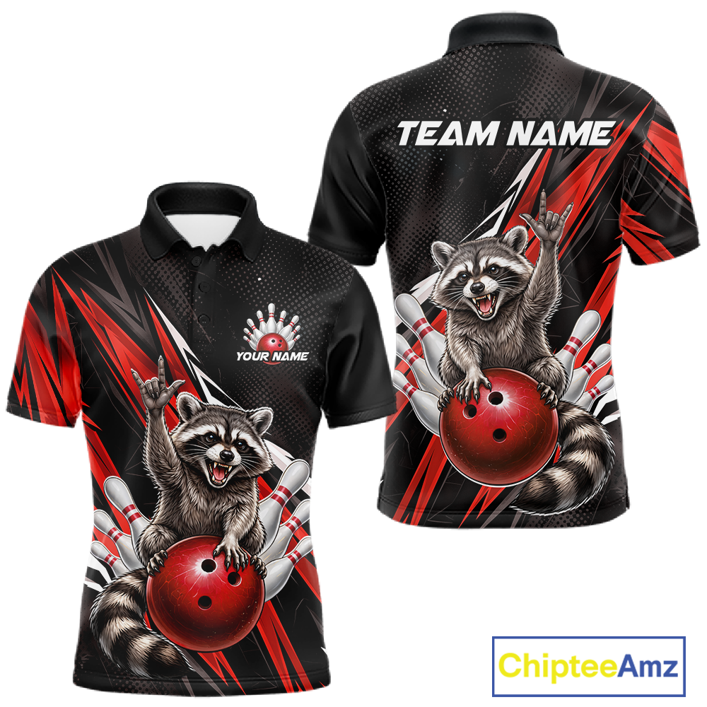 Custom Red Raccoon Bowling Jersey for Men Bowling Team Shirts Bowling Polo & 1/4 Zip HNT254