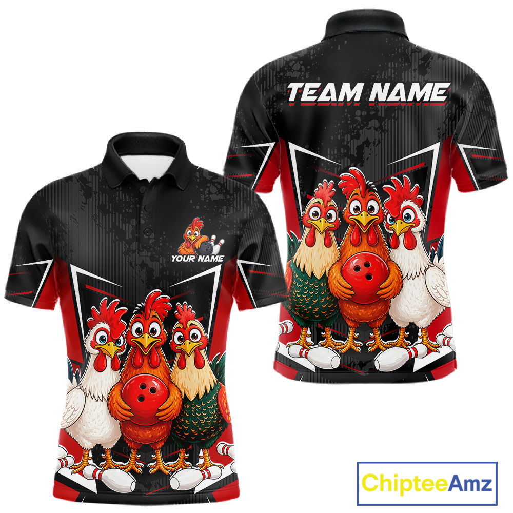 Red Funny Three Chicken Bowling Jersey for Men Bowling League Bowling Team Shirts HN287