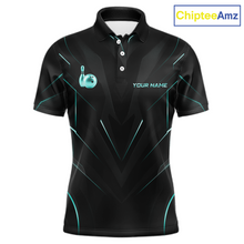 Load image into Gallery viewer, Black polo shirt with teal accents and a bowling ball design on a white background, branded with 'ChipteeAmz'.