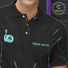 Load image into Gallery viewer, Black polo shirt with bowling design and customizable text on a dark background