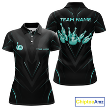 Load image into Gallery viewer, Black bowling-themed polo shirt with teal graphics and 'Chiptee Amz' branding.