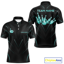 Load image into Gallery viewer, Black bowling-themed polo shirt with teal graphics and text on a white background
