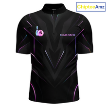 Load image into Gallery viewer, Black bowling shirt with colorful designs and a bowling pin graphic, branded 'ChipteeAmz'.