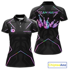 Load image into Gallery viewer, Black polo shirt with bowling design and customizable text on a white background