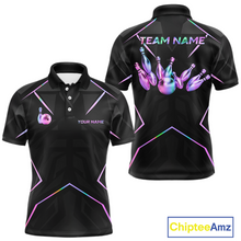 Load image into Gallery viewer, Black bowling team shirt with colorful designs and 'Team Name' text, featuring Chiptee Amz branding.