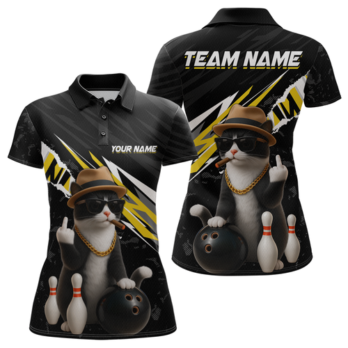 Custom Yellow Funny Cat Bowling Jersey for Women Bowling Shirt Polo & 1/4 Zip Bowling Team Shirts HNT136