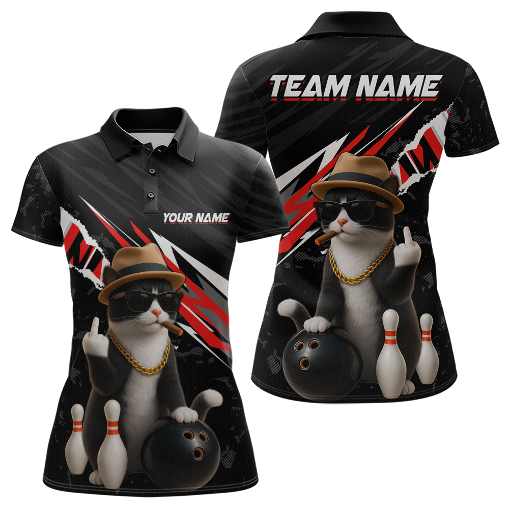 Custom Red Funny Cat Bowling Jersey for Women Bowling Shirt Polo & 1/4 Zip Bowling Team Shirts HNT136