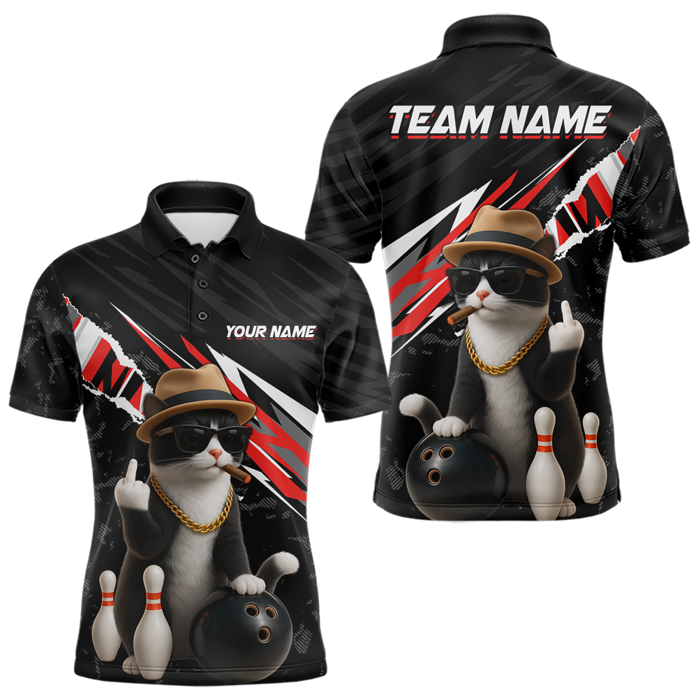 Custom Red Funny Cat Bowling Jersey for Men Bowling Shirt Polo & 1/4 Zip Bowling Team Shirts HNT136