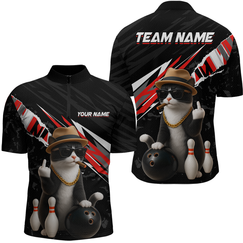 Custom Red Funny Cat Bowling Jersey for Men Bowling Shirt Polo & 1/4 Zip Bowling Team Shirts HNT136