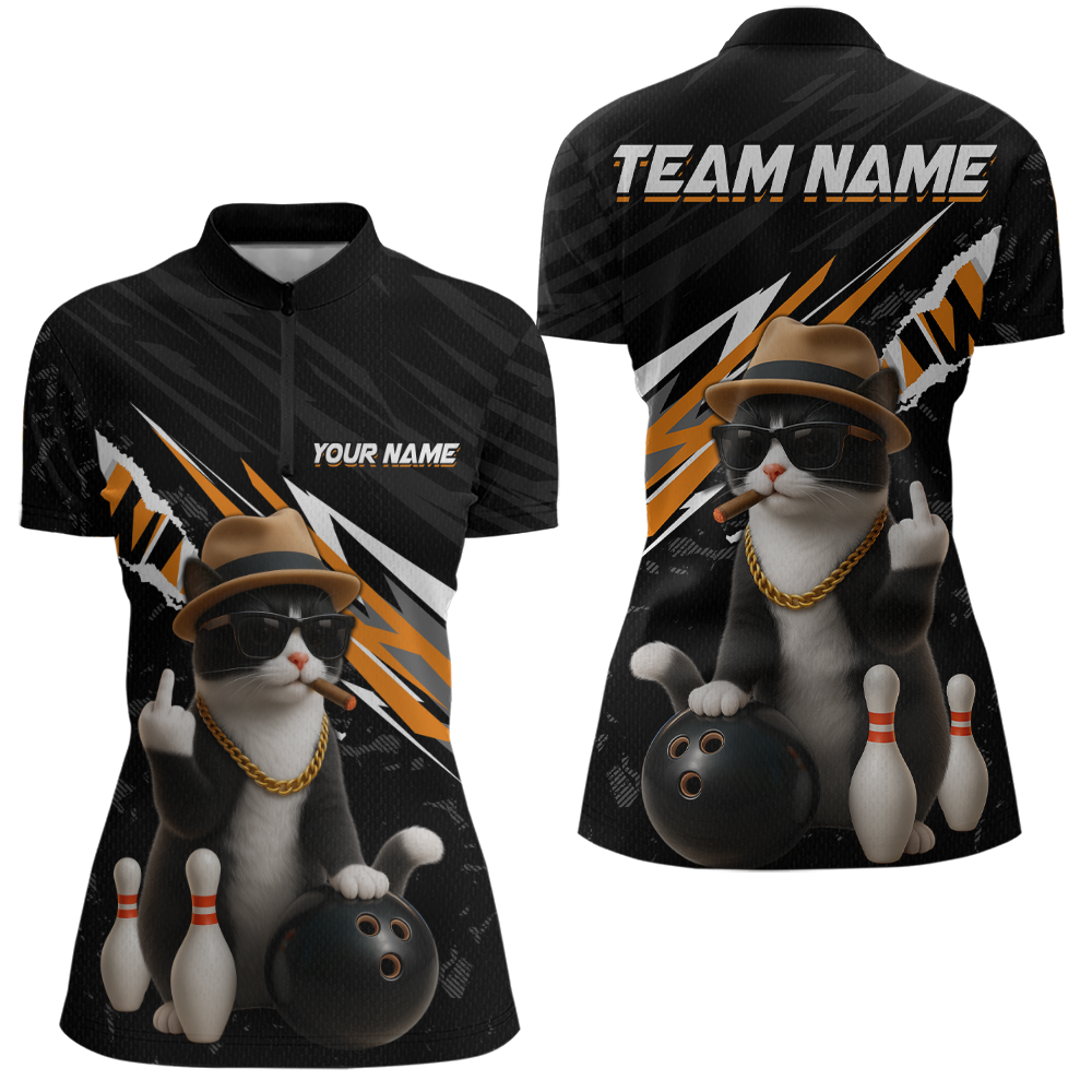Custom Orange Funny Cat Bowling Jersey for Women Bowling Shirt Polo & 1/4 Zip Bowling Team Shirts HNT136