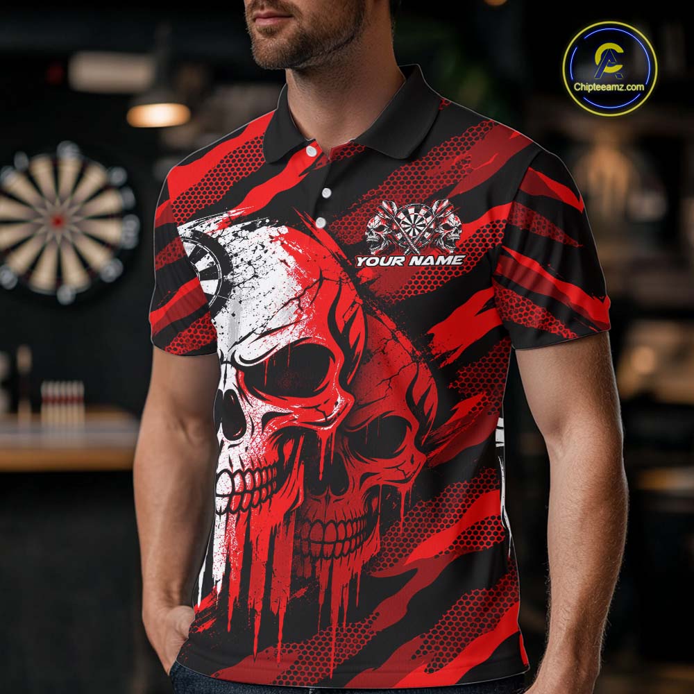 Custom Red Camo Skull Dartboard Shirt Darts Shirts for Women Darts Team Jerseys Polo & 1/4 Zip NNT373