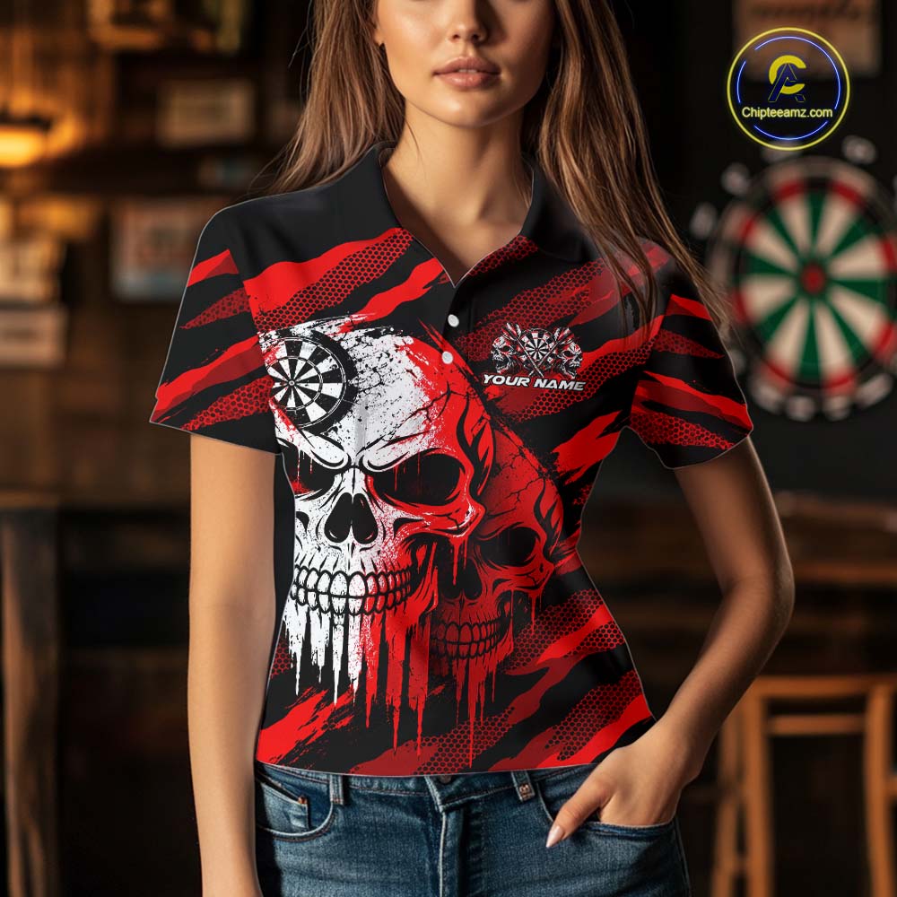 Custom Red Camo Skull Dartboard Shirt Darts Shirts for Women Darts Team Jerseys Polo & 1/4 Zip NNT373