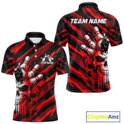 Red Camo Skull Bowling Shirt, Custom Bowling Shirts for Men Bowling Team Jersey for Bowler HNT683