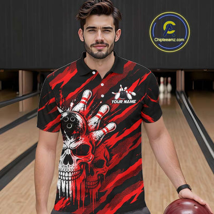 Red Camo Skull Bowling Shirt, Custom Bowling Shirts for Men Bowling Team Jersey for Bowler HNT683